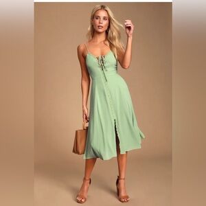 Lulu’s Don't Steal My Sunshine Dusty Sage Lace-Up Midi Dress